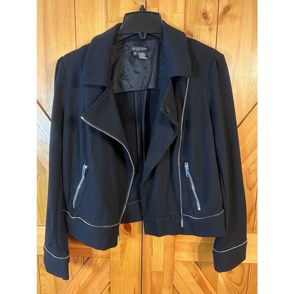 Etcetera Womens Moto Jacket Black Zip Pockets Snap Collar Size 10 (5359) - Picture 3 of 6